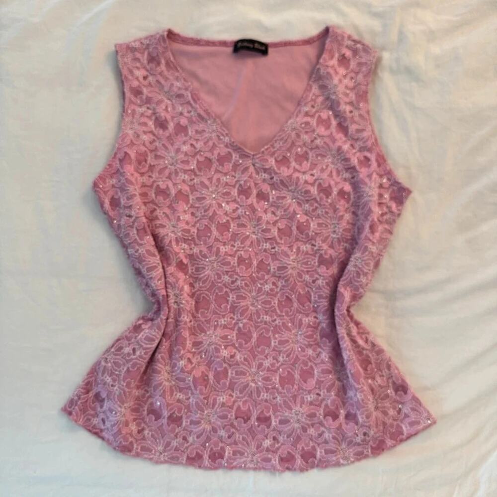 Y2K‎ Pink Lace Tank with Silver Glittered Polkadots - Picture 5 of 8